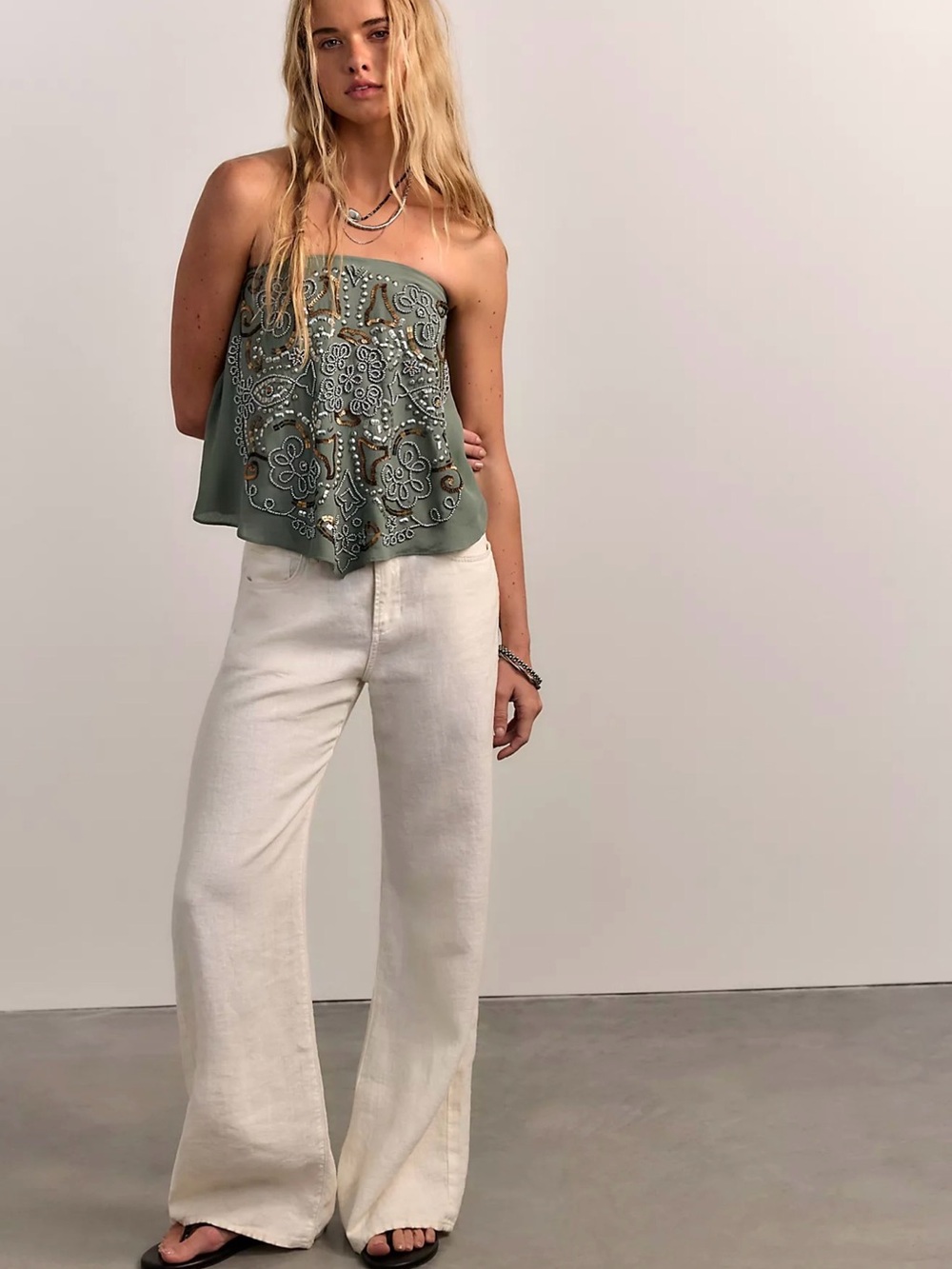 Free People Olive Embroidered Strapless Flare Top